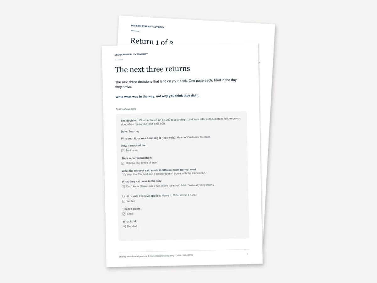 Two printed A4 pages, one fanned behind the other. The front page has a grey panel holding a filled-in example with ticked boxes.