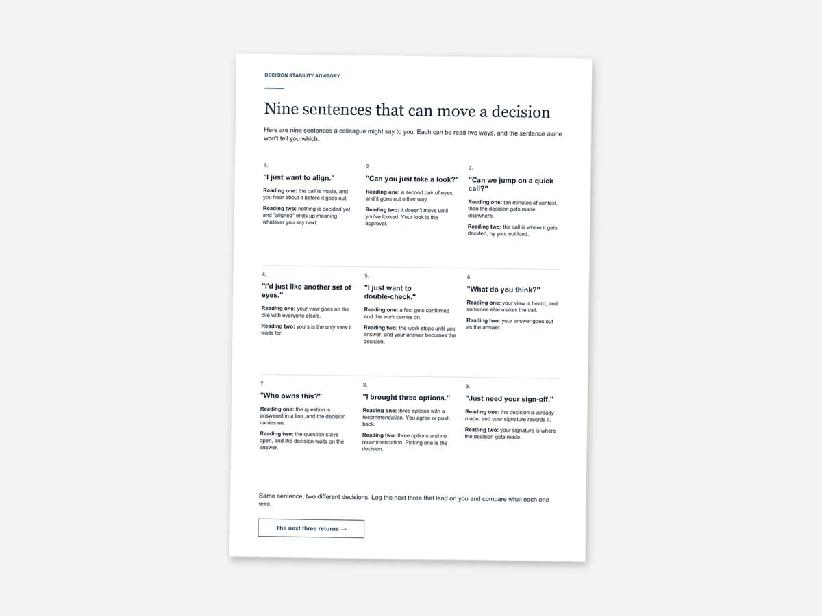 A single printed A4 page, slightly angled, laid out as a numbered three-by-three grid with an outlined button at the foot.
